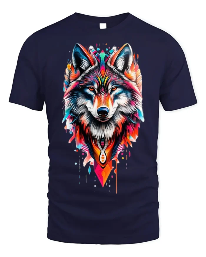 Tribal Wolf T-Shirt Vibrant Spirit Animal Graphic - navy t-shirt on white background