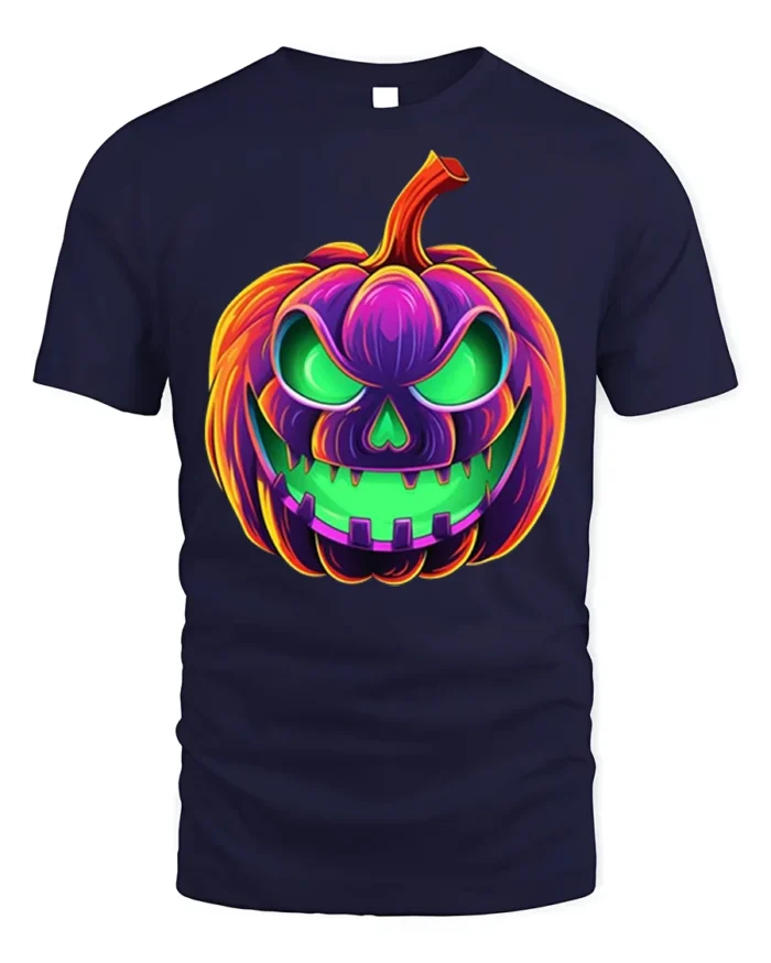 Neon Jack-O’-Lantern T-Shirt Scary Halloween Pumpkin - navy t-shirt on white background