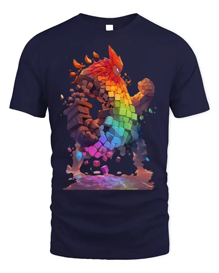 Pixel Golem T-Shirt Rainbow Elemental Fantasy Art - navy t-shirt on white background