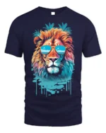 Cool Lion T-Shirt Tropical Sunglasses Animal Graphic - navy t-shirt on white background
