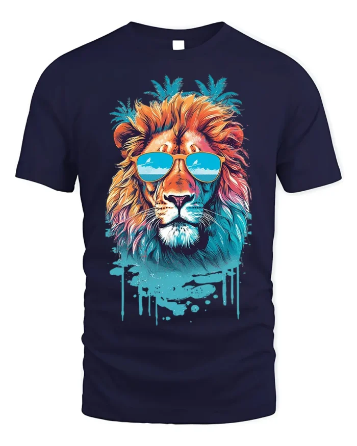 Cool Lion T-Shirt Tropical Sunglasses Animal Graphic - navy t-shirt on white background