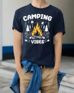 Camping Vibes T-Shirt Bonfire Marshmallow Forest - model wearing navy shirt, hands in pockets