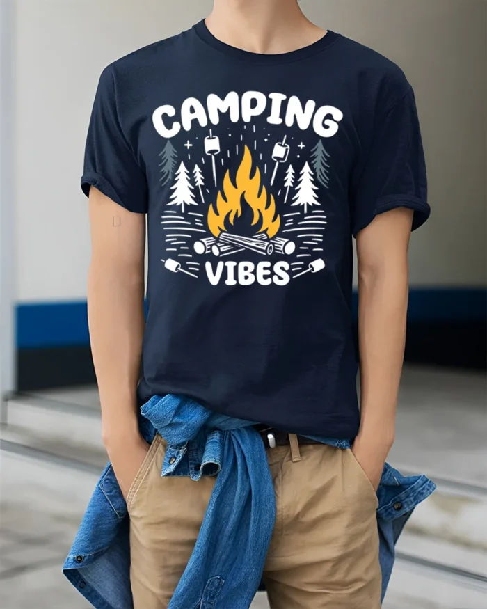 Camping Vibes T-Shirt Bonfire Marshmallow Forest - model wearing navy shirt, hands in pockets