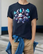 Chibi Skull Mage T-Shirt Cute Dark Fantasy Gaming - model wearing navy shirt, hands in pockets