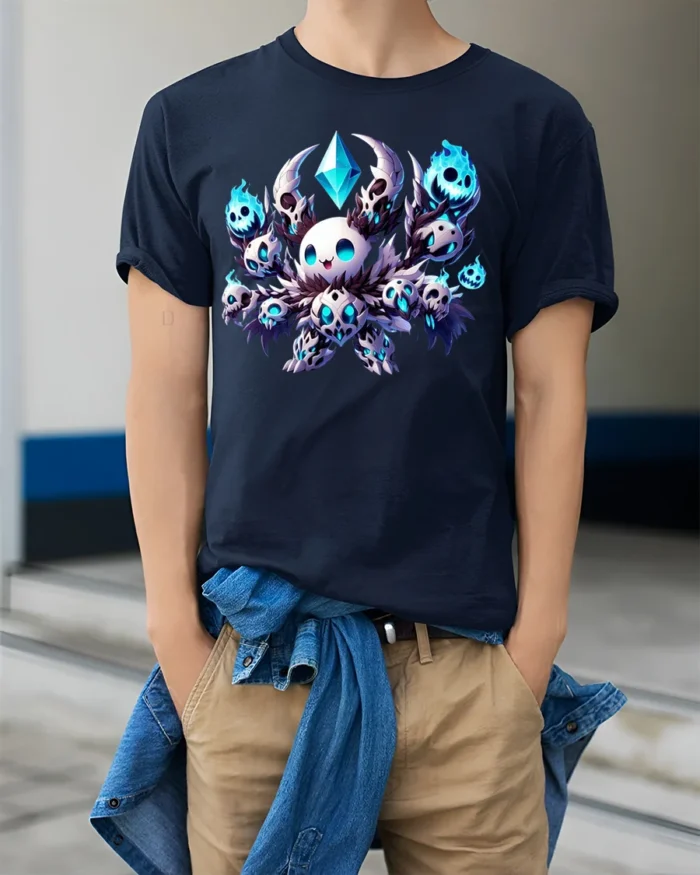 Chibi Skull Mage T-Shirt Cute Dark Fantasy Gaming - model wearing navy shirt, hands in pockets
