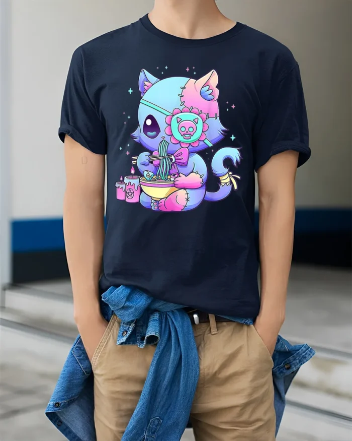 Pastel Goth Cat T-Shirt Cute Kawaii Ramen Anime - model wearing navy shirt, hands in pockets