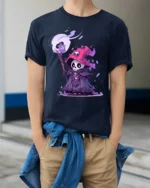 Skeleton Wizard T-Shirt Cute Dark Mage Skull Graphic - model wearing navy shirt, hands in pockets