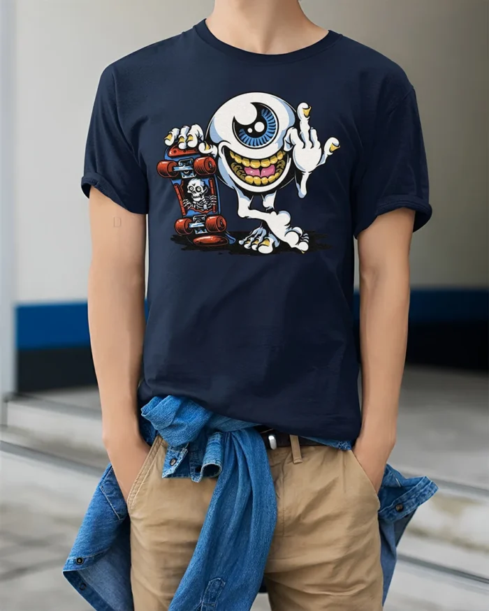 Skater Eyeball T-Shirt Edgy Punk Monster Graphic - model wearing navy shirt, hands in pockets