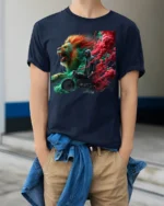 Lions and Smoke Rider T-Shirt Bold Biker Street Art - model wearing navy shirt, hands in pockets