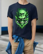 Green Skull T-Shirt Neon Horror Flame Skull Graphic - model wearing navy shirt, hands in pockets