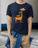 Cute Giraffe Family T-Shirt Funny Cartoon Animal - model wearing navy shirt, hands in pockets
