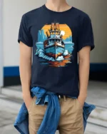 Sunset Boat Adventure T-Shirt Nautical Ocean Graphic - model wearing navy shirt, hands in pockets