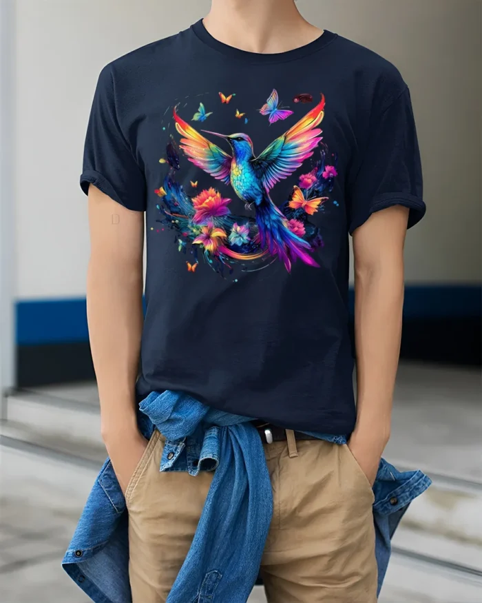 Colorful Hummingbird T-Shirt Floral Butterfly Art - model wearing navy shirt, hands in pockets