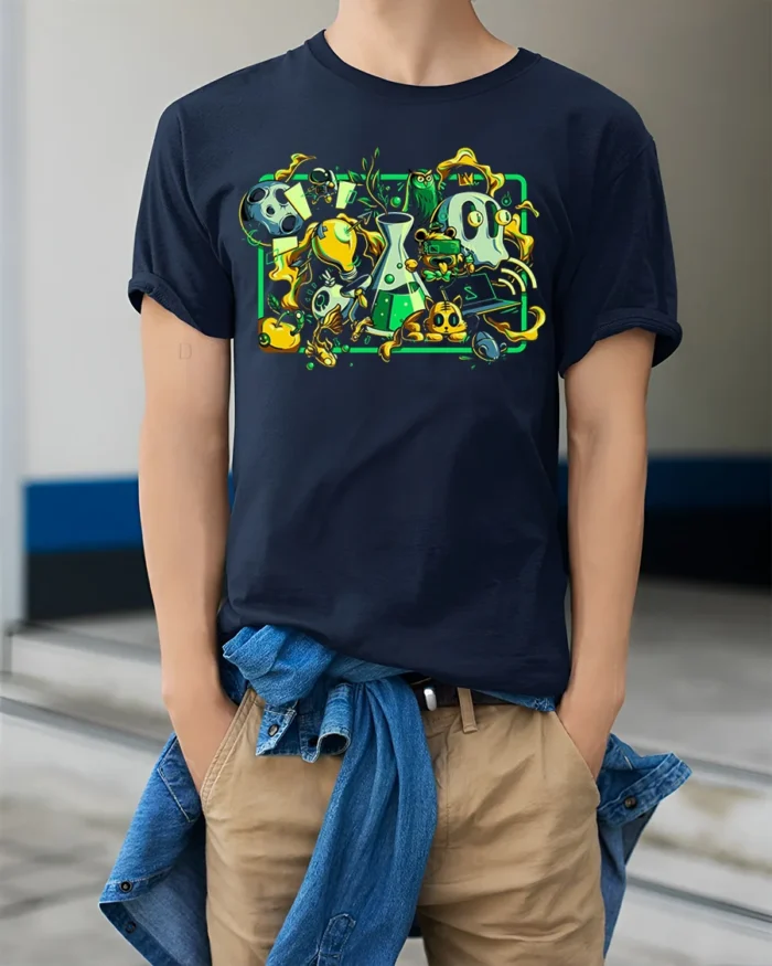 Mad Science Cartoon T-Shirt Fun Chemistry Lab Graphic - model wearing navy shirt, hands in pockets