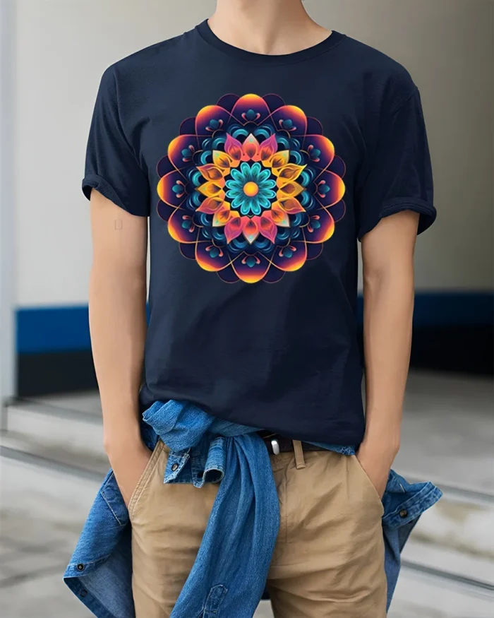 Geometric Mandala T-Shirt Colorful Sacred Flower - model wearing navy shirt, hands in pockets