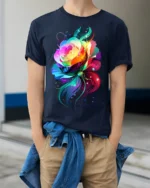 Rainbow Rose Butterfly T-Shirt Colorful Fantasy Art - model wearing navy shirt, hands in pockets