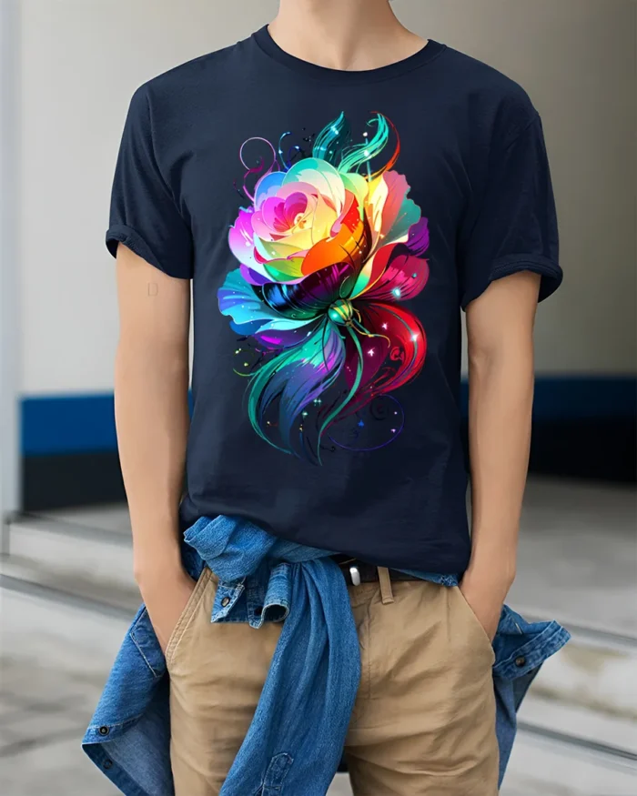 Rainbow Rose Butterfly T-Shirt Colorful Fantasy Art - model wearing navy shirt, hands in pockets