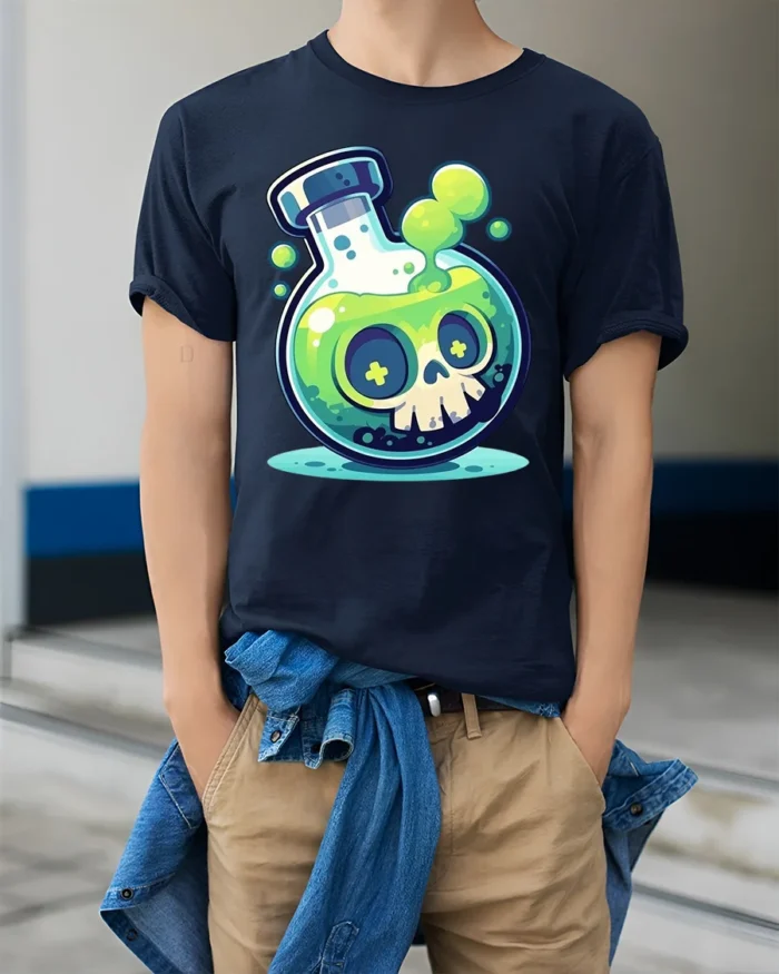 Toxic Skull Potion T-Shirt Fun Cartoon Science Lab - model wearing navy shirt, hands in pockets