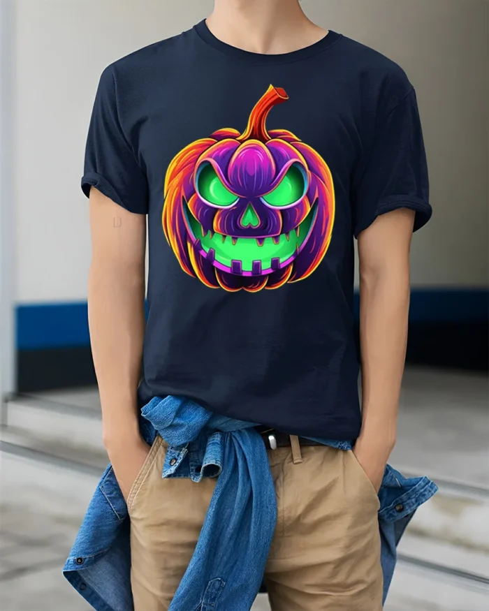Neon Jack-O’-Lantern T-Shirt Scary Halloween Pumpkin - model wearing navy shirt, hands in pockets