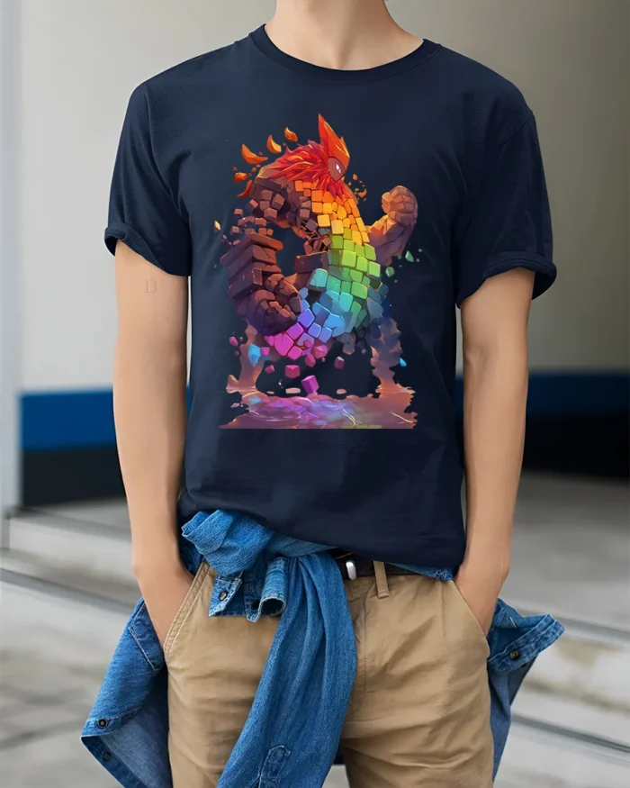 Pixel Golem T-Shirt Rainbow Elemental Fantasy Art - model wearing navy shirt, hands in pockets