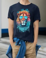 Cool Lion T-Shirt Tropical Sunglasses Animal Graphic - model wearing navy shirt, hands in pockets