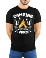 Camping Vibes T-Shirt Bonfire Marshmallow Forest - model wearing black shirt, hands behind back
