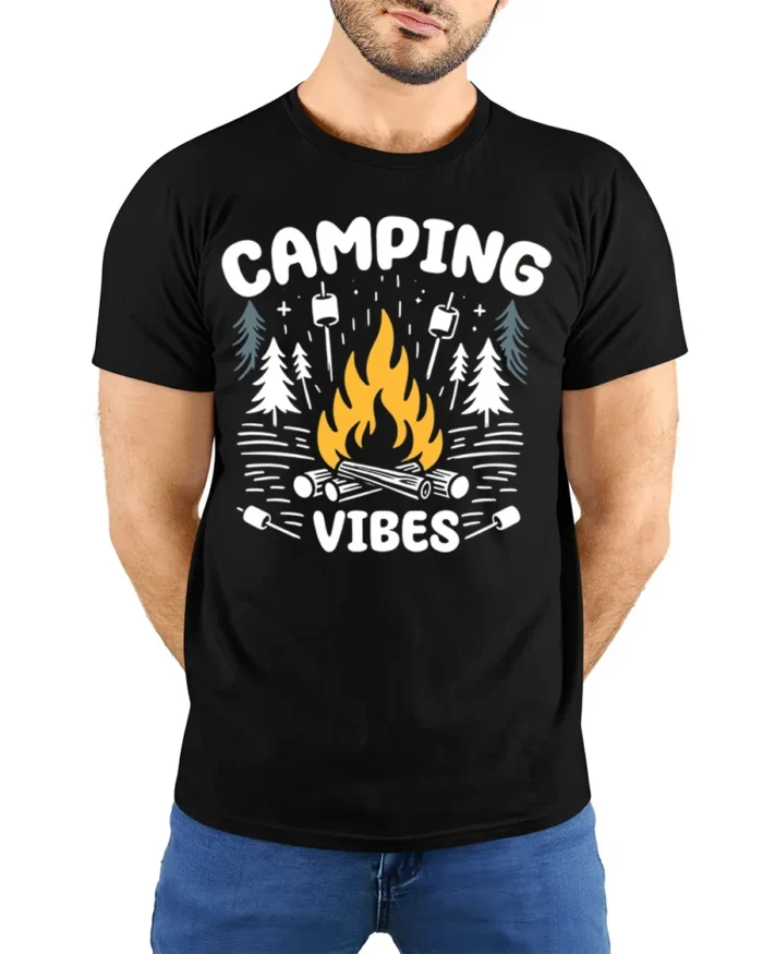 Camping Vibes T-Shirt Bonfire Marshmallow Forest - model wearing black shirt, hands behind back