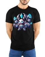Chibi Skull Mage T-Shirt Cute Dark Fantasy Gaming - model wearing black shirt, hands behind back