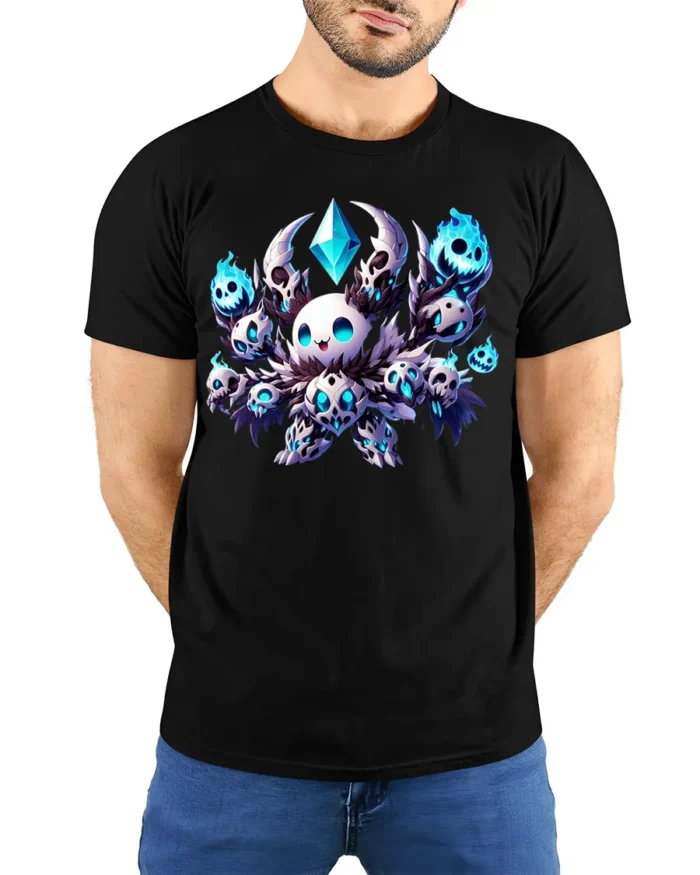 Chibi Skull Mage T-Shirt Cute Dark Fantasy Gaming - model wearing black shirt, hands behind back