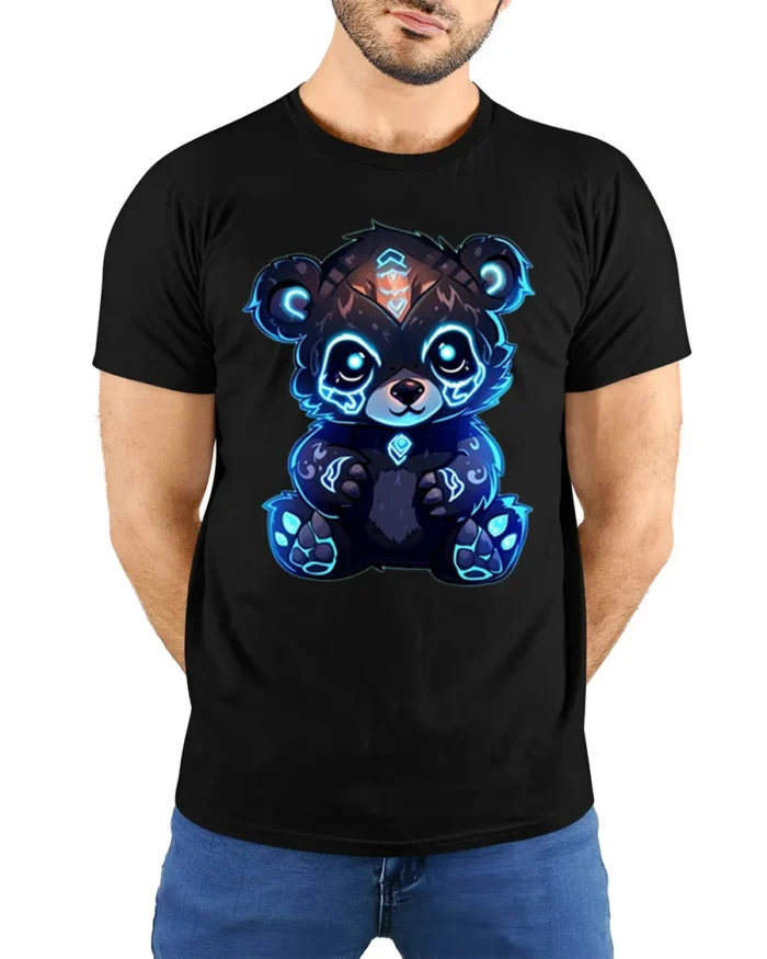 Cyber Glow Panda T-Shirt Cute Futuristic Neon Bear - model wearing black shirt, hands behind back