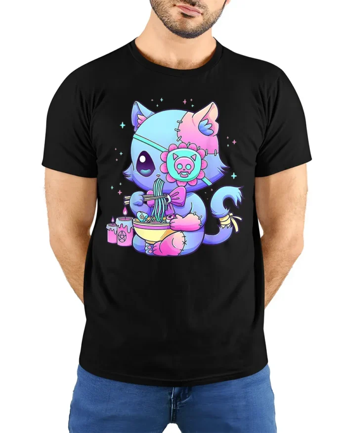 Pastel Goth Cat T-Shirt Cute Kawaii Ramen Anime - model wearing black shirt, hands behind back
