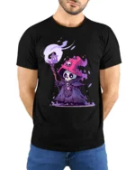 Skeleton Wizard T-Shirt Cute Dark Mage Skull Graphic - model wearing black shirt, hands behind back