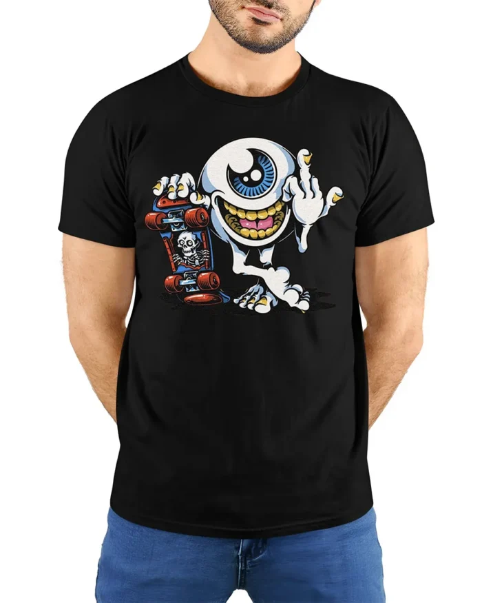 Skater Eyeball T-Shirt Edgy Punk Monster Graphic - model wearing black shirt, hands behind back