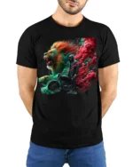 Lions and Smoke Rider T-Shirt Bold Biker Street Art - model wearing black shirt, hands behind back