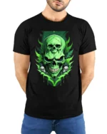 Green Skull T-Shirt Neon Horror Flame Skull Graphic - model wearing black shirt, hands behind back