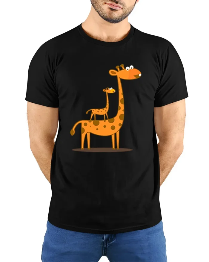 Cute Giraffe Family T-Shirt Funny Cartoon Animal - model wearing black shirt, hands behind back