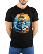 Sunset Boat Adventure T-Shirt Nautical Ocean Graphic - model wearing black shirt, hands behind back