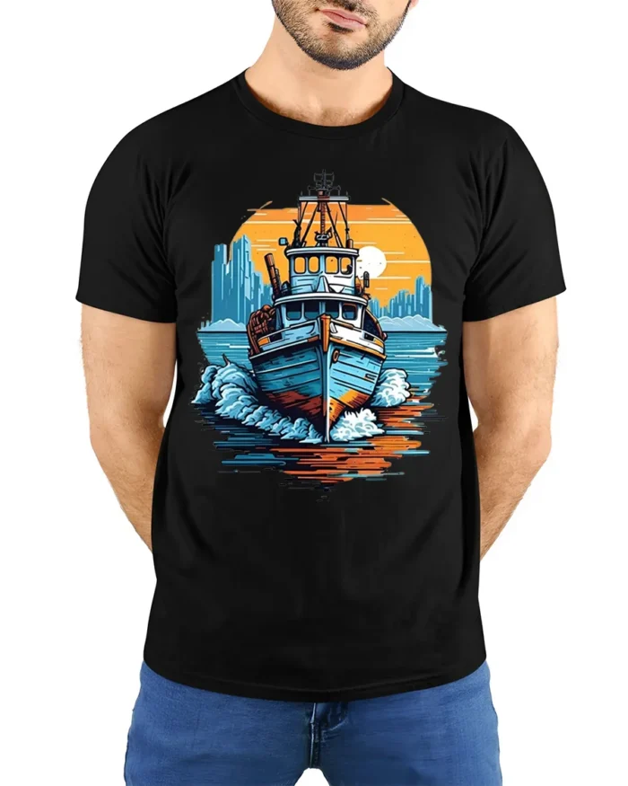 Sunset Boat Adventure T-Shirt Nautical Ocean Graphic - model wearing black shirt, hands behind back