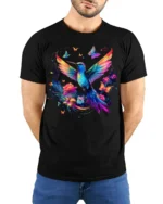 Colorful Hummingbird T-Shirt Floral Butterfly Art - model wearing black shirt, hands behind back