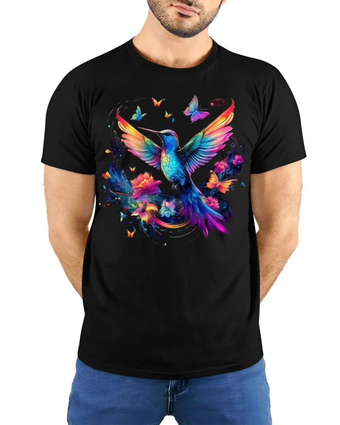 Colorful Hummingbird T-Shirt Floral Butterfly Art - model wearing black shirt, hands behind back