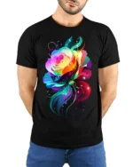 Rainbow Rose Butterfly T-Shirt Colorful Fantasy Art - model wearing black shirt, hands behind back