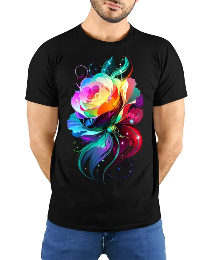 Rainbow Rose Butterfly T-Shirt Colorful Fantasy Art - model wearing black shirt, hands behind back