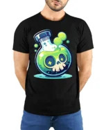 Toxic Skull Potion T-Shirt Fun Cartoon Science Lab - model wearing black shirt, hands behind back