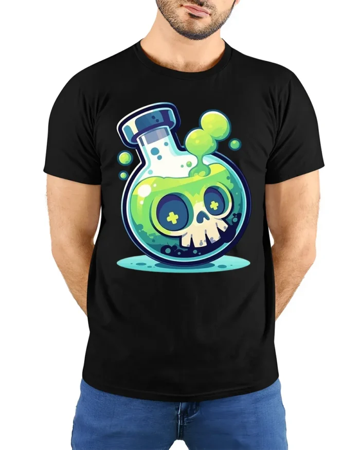 Toxic Skull Potion T-Shirt Fun Cartoon Science Lab - model wearing black shirt, hands behind back