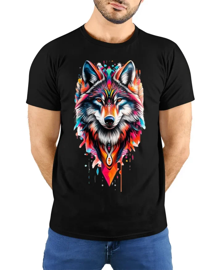 Tribal Wolf T-Shirt Vibrant Spirit Animal Graphic - model wearing black shirt, hands behind back
