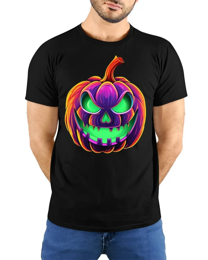 Neon Jack-O’-Lantern T-Shirt Scary Halloween Pumpkin - model wearing black shirt, hands behind back