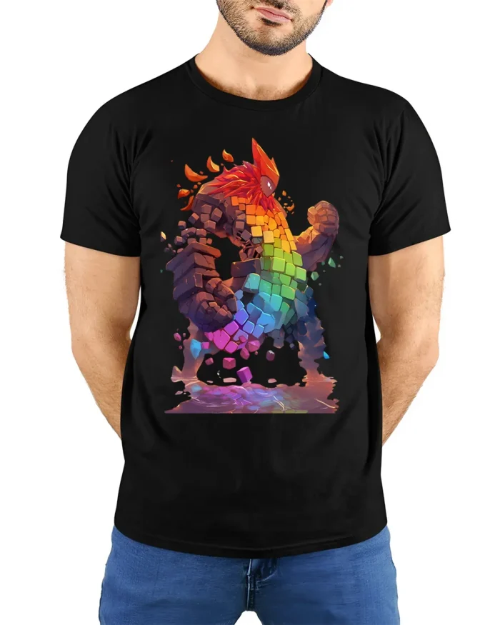 Pixel Golem T-Shirt Rainbow Elemental Fantasy Art - model wearing black shirt, hands behind back