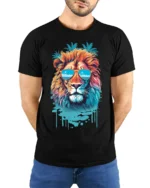 Cool Lion T-Shirt Tropical Sunglasses Animal Graphic - model wearing black shirt, hands behind back