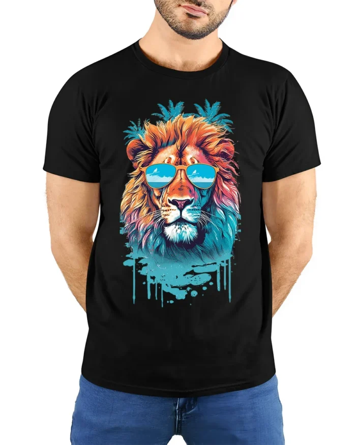 Cool Lion T-Shirt Tropical Sunglasses Animal Graphic - model wearing black shirt, hands behind back