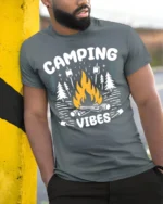 Camping Vibes T-Shirt Bonfire Marshmallow Forest - model in grey shirt leaning against column